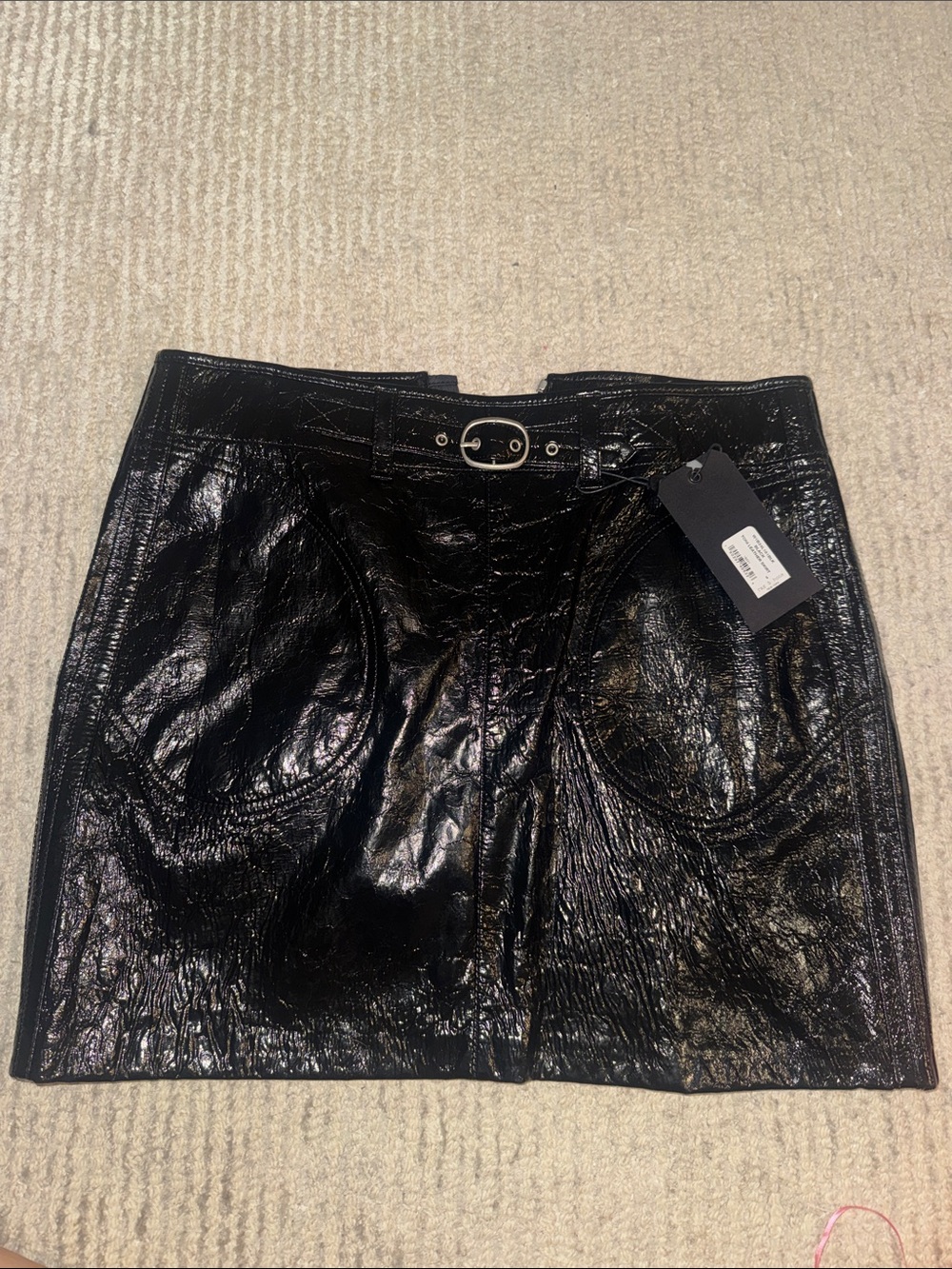 rag & bone Black Patent Leather Mini Skirt with Buckle